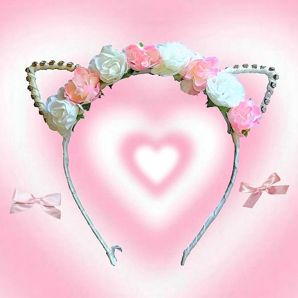 Floral Mcbling Kitty Kitten Cat Ears Flower Crown Headband Hairband Accessory